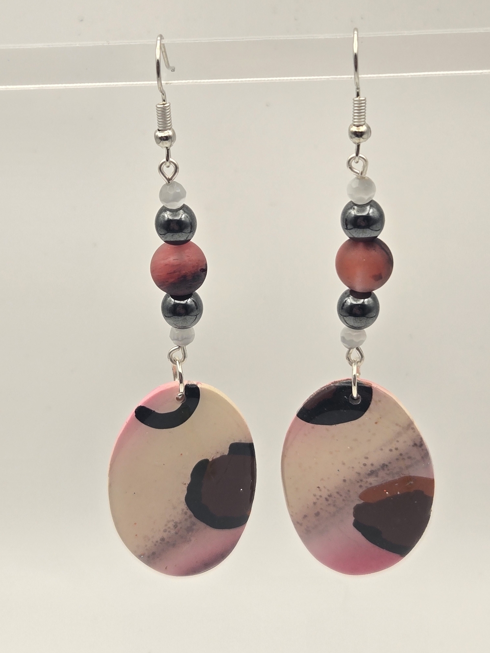 #B499- Handcrafted Pink and Black Drop Bead Earrings- Hematite And Cherry Quartz